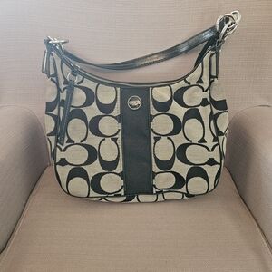 Coach Black and Tan Signature Canvas Shoulder Bag